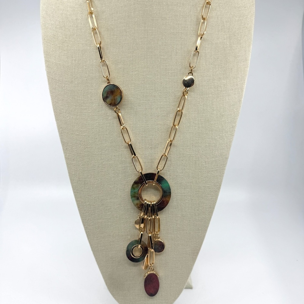 Gold Chain Link Necklace with Multicolored Resin Boho Pendant
